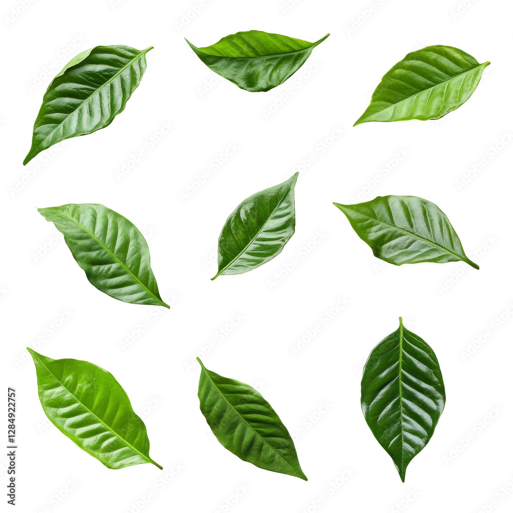 set of green coffee leaves floating in different directions isolated on a white background set of green coffee leaves floating in different directions isolated on a white background