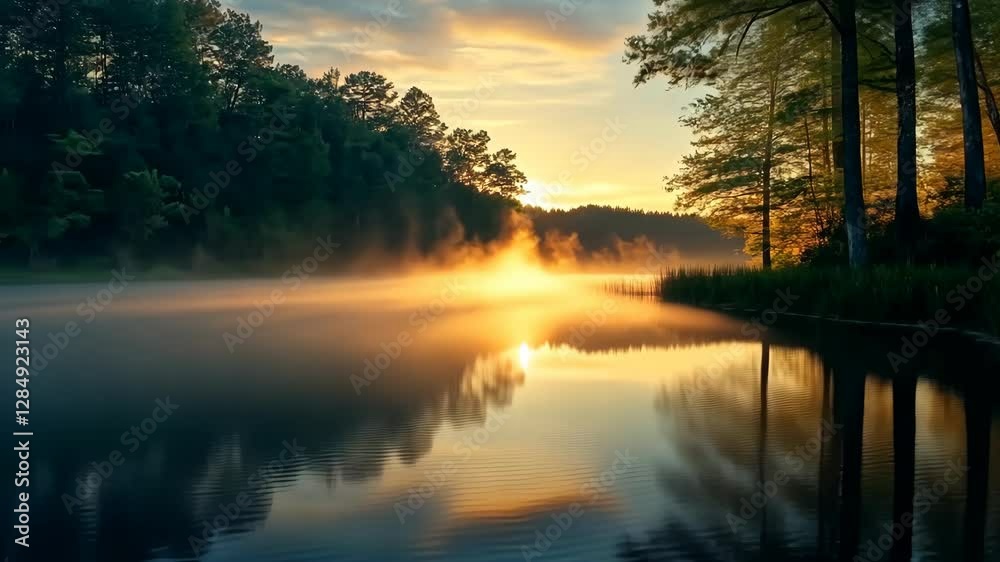 Tranquil sunrise mist over serene lake with reflective water and forest silhouettes