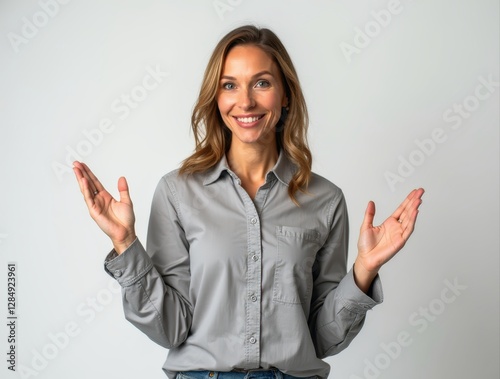 Smiling businesswoman showing with open hands on white background