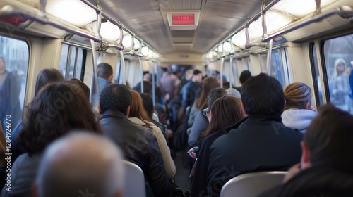 Crowded train interior, commuters traveling during peak hours, public transit