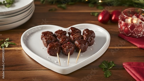 Wallpaper Mural Steak bites skewered and arranged on a glossy heart-shaped plate for an elegant appetizer presentation Torontodigital.ca