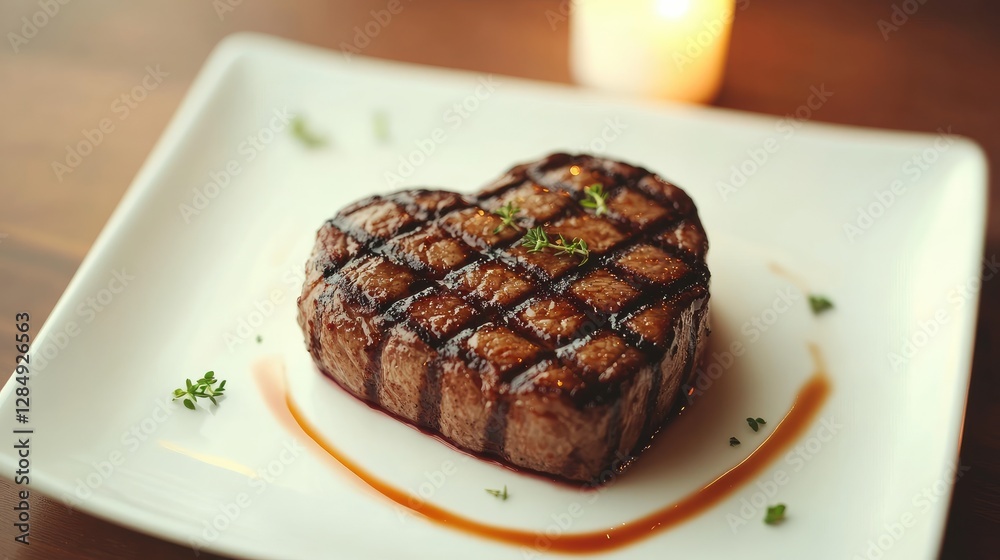 Steak on a heart-shaped plate, presented with a touch of artistic minimalism and soft lighting Steak on a heart-shaped plate, presented with a touch of artistic minimalism and soft lighting