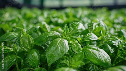 Close-up basil plants in a greenhouse