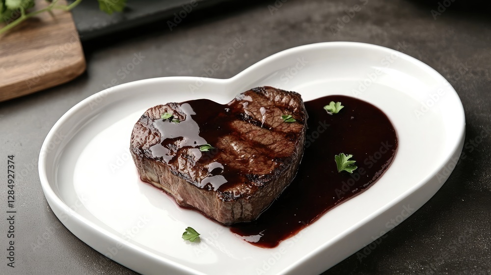 Steak with a red wine reduction sauce, plated on a sleek heart-shaped dish with artistic plating Steak with a red wine reduction sauce, plated on a sleek heart-shaped dish with artistic plating