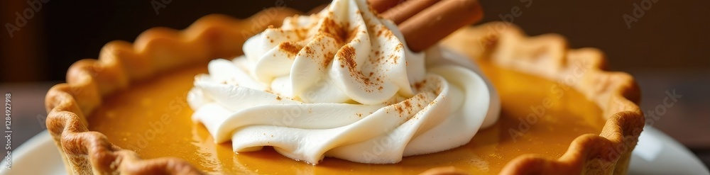 Whipped cream and cinnamon sticks on top of a golden brown pumpkin pie, whipped cream, fall Whipped cream and cinnamon sticks on top of a golden brown pumpkin pie, whipped cream, fall