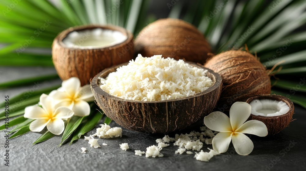 Grated coconut in bowl, with whole coconuts and plumeria flowers on dark stone, tropical setting Grated coconut in bowl, with whole coconuts and plumeria flowers on dark stone, tropical setting