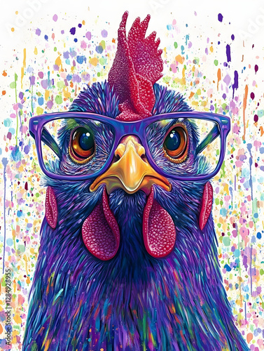 Colorful rooster wearing glasses, vibrant pop-art animal portrait, modern artistic chicken illustration, bold contemporary graffiti painting, unique creative farm bird design
 photo