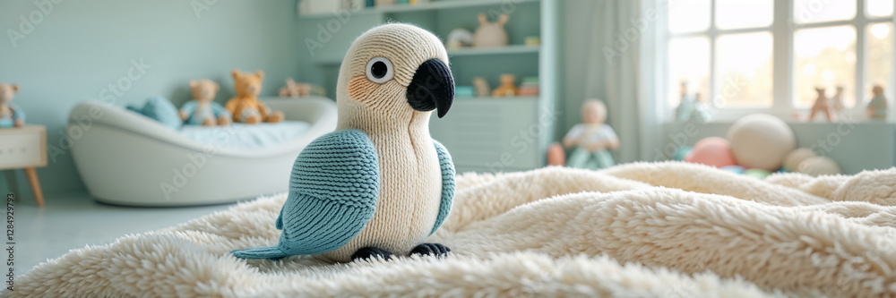 Cute knitted parrot toy in a beautiful children's bedroom Cute knitted parrot toy in a beautiful children's bedroom