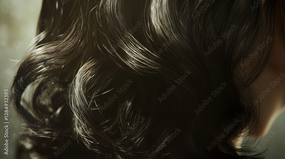 Naklejka premium Close-Up View of Glossy Curly Hair from a Woman's Perspective