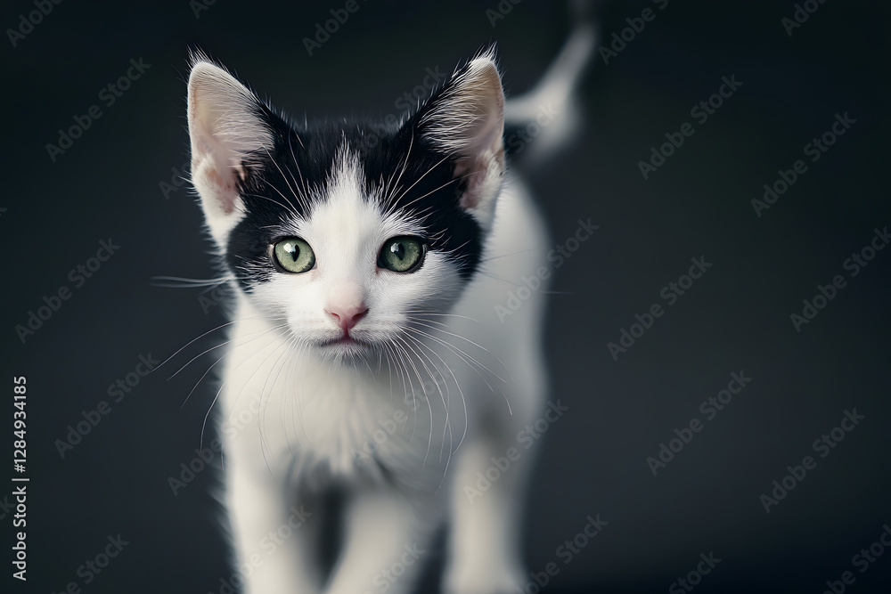 A beautiful, fluffy white and black kitten with a bushy tail walks towards the camera A beautiful, fluffy white and black kitten with a bushy tail walks towards the camera