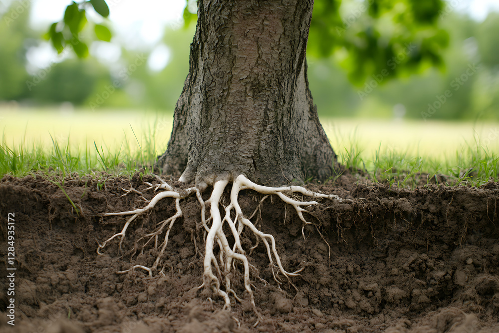 Fototapeta premium A tree with visible roots in the soil, a close-up of roots growing underground
