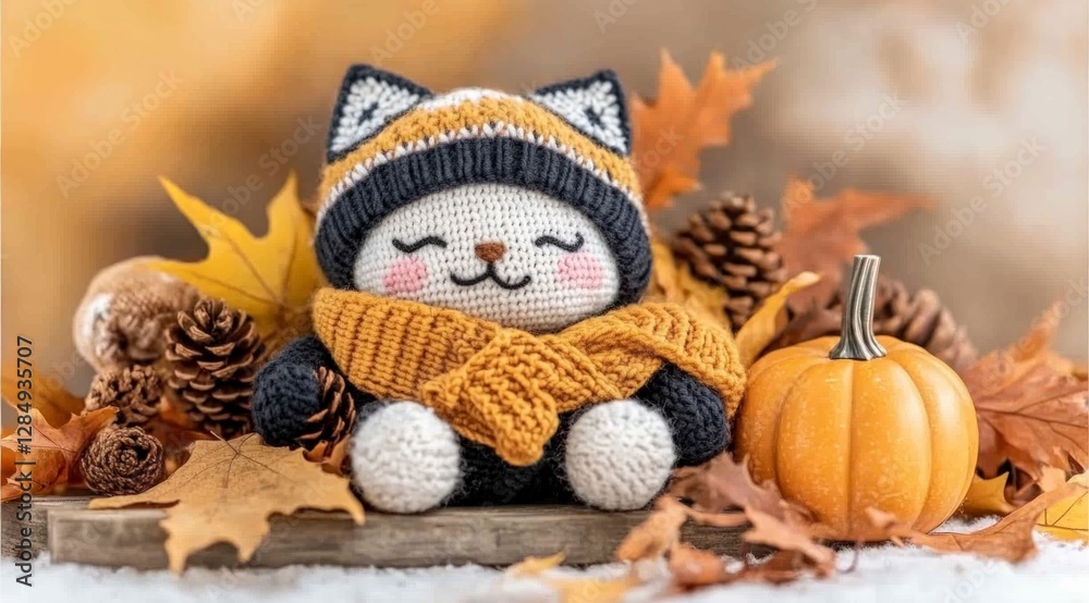 Fototapeta premium Adorable Knitted Cat Toy in Autumn Setting Fall Leaves Cozy Pumpkin