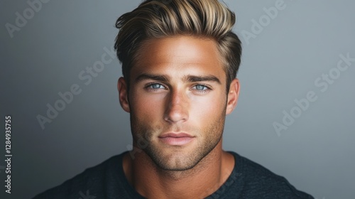 Young Man with Stylish Hair and Striking Blue Eyes in Portrait Style