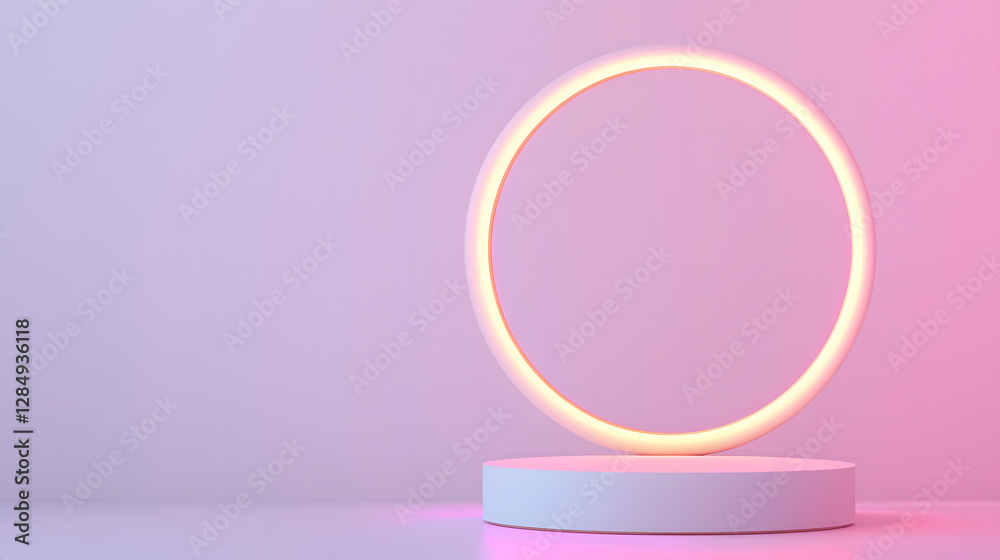 Obraz premium Dynamic floating circular light installation modern studio digital art minimalist eye-level innovative design