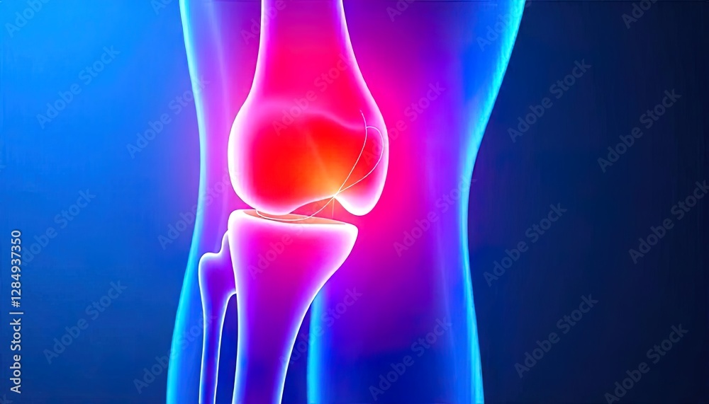 A glowing and colorful illustration of a human knee joint A glowing and colorful illustration of a human knee joint