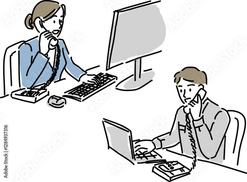 電話で相談する作業着の男性と女性スタッフシンプル線画
