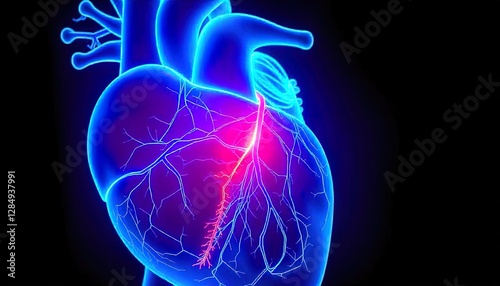 A heart showing an artery with a highlighted section glowing