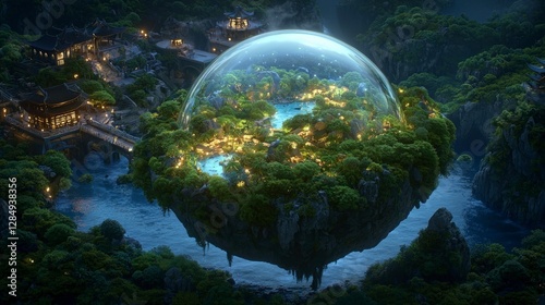 Enchanting Floating Island Paradise  Eco Friendly  Lush Green Oasis  Glass Dome  Asian Arc