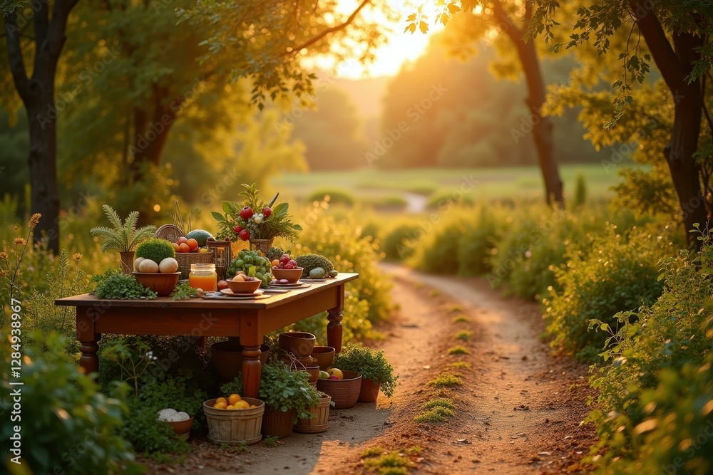 Rustic wooden table with fresh fruits and vegetables at sunset along dirt path in garden, perfect for autumn harvest, nature, farm produce, countryside scenery, warm golden hour light, cozy outdoor m Rustic wooden table with fresh fruits and vegetables at sunset along dirt path in garden, perfect for autumn harvest, nature, farm produce, countryside scenery, warm golden hour light, cozy outdoor m