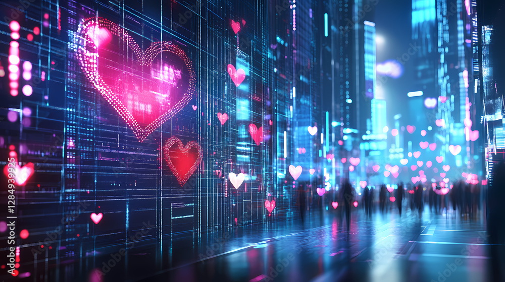 A futuristic stock market display with heartshaped holographic charts, valentines tech love, finance innovation, market elegance. Holographic Street Market. Illustration A futuristic stock market display with heartshaped holographic charts, valentines tech love, finance innovation, market elegance. Holographic Street Market. Illustration