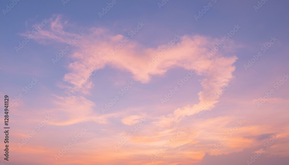 Obraz premium 파스텔 톤의 하늘, 구름이 자연스럽게 하트 모양을 이루고 있으며 따뜻한 석양이 이를 부드럽게 물들이고 있다