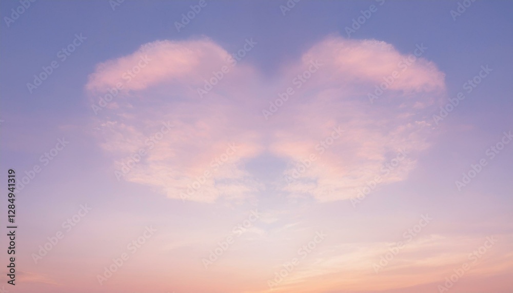 Obraz premium 파스텔 톤의 하늘, 구름이 자연스럽게 하트 모양을 이루고 있으며 따뜻한 석양이 이를 부드럽게 물들이고 있다