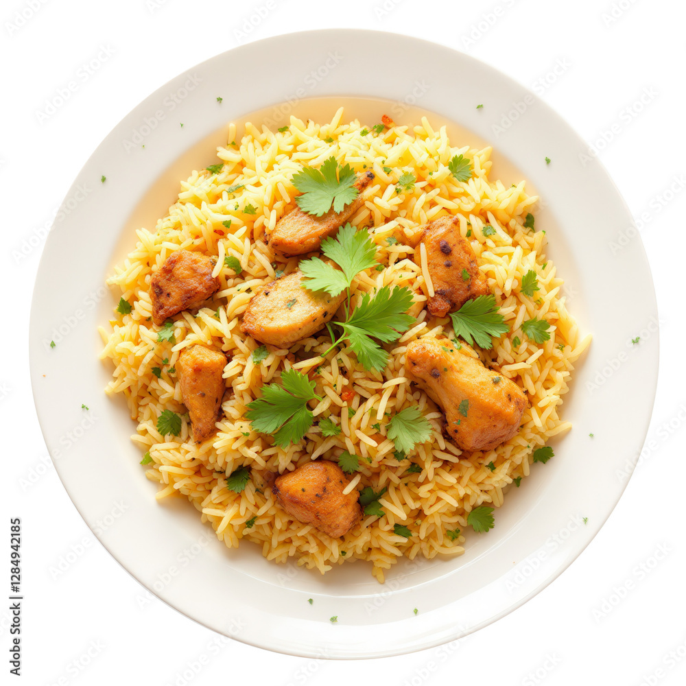 Biryani Rice with Chicken and Herbs on Transparent Background Biryani Rice with Chicken and Herbs on Transparent Background