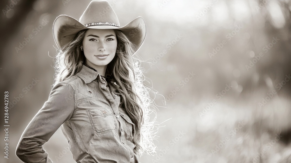 Beautiful Woman in Cowboy Hat with Long Hair in Nature Setting Beautiful Woman in Cowboy Hat with Long Hair in Nature Setting