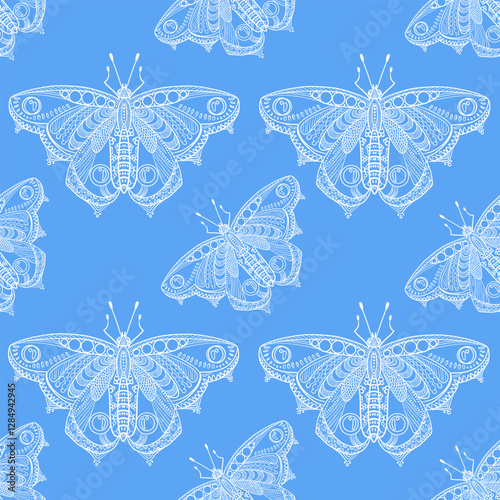 Vector drawing in blue pattern. Intricate  with lace elements. Seamless lace pattern with butterflies. Romantic pattern, imitation lace. Gothic embroidery. Luxurious baroque.