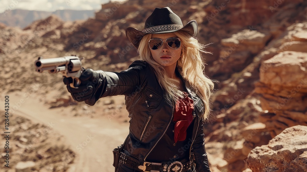 Fototapeta premium Female cowboy with gun in a western desert landscape