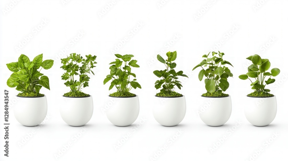 Modern Herb Garden Six potted plants white ceramic pots home decor fresh herbs greene Modern Herb Garden Six potted plants white ceramic pots home decor fresh herbs greene