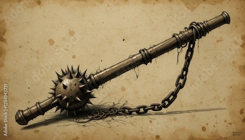 illustration of medieval flail weapon with a spiked ball and chain, symbolizing historical combat and warfare themes.