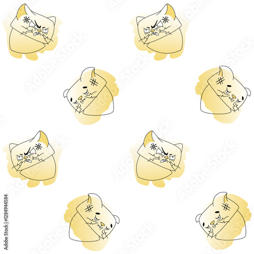 Cat meme pattern. Yellow color with black linart. Emotions of sadness, hopelessness, anger.