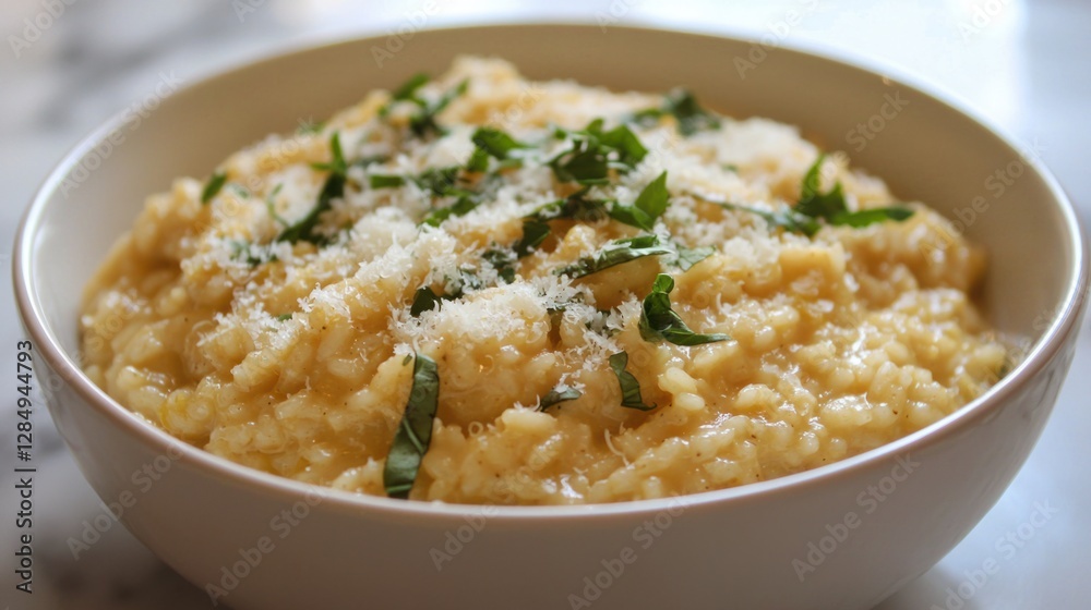 Creamy Risotto with Basil and Parmesan Topping in White Bowl Creamy Risotto with Basil and Parmesan Topping in White Bowl