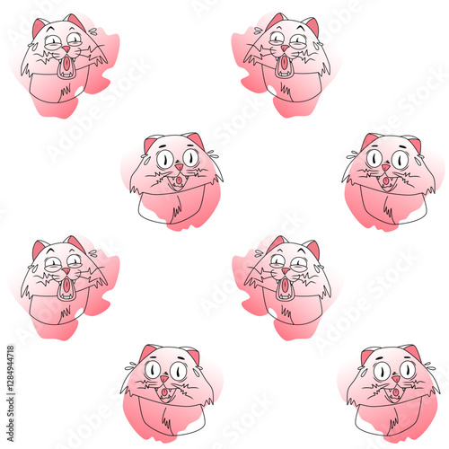 Cat meme pattern. Pink colors with black linart. Emotions of joke, humor, surprise, hopelessness, anger.