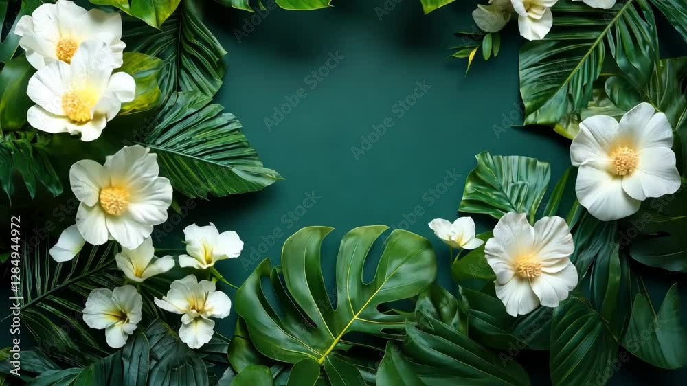Tropical white flowers bloom amidst vibrant green leaves in a lush botanical scene