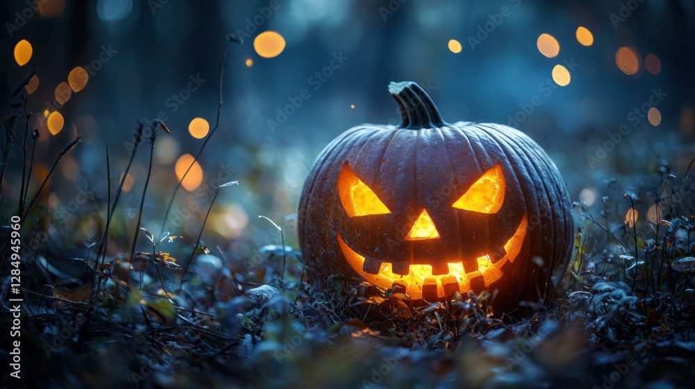 Fototapeta premium Glowing Jack-o'-Lantern in Dark Forest with Magical Bokeh Lights
