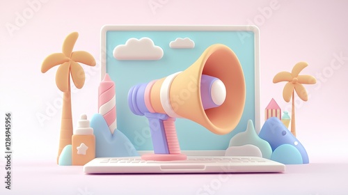 Digital Marketing Announcement  Laptop Megaphone  Summer Promotion