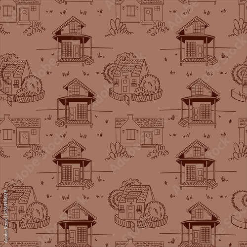 Seamless paternoster in mocha mousse color. Sketch of garden houses organic style garden houses. House doodle template - village vector illustration. Seamless texture.