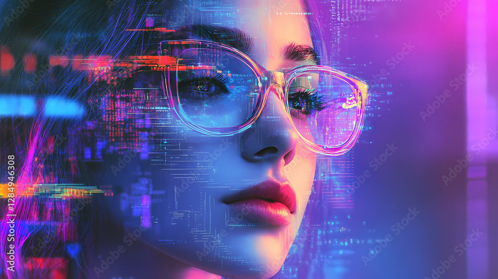 Digital glitch portrait: woman with glasses and glitching digital data overlaid on face. Glitch Aesthetic Portrait. Illustration Digital glitch portrait: woman with glasses and glitching digital data overlaid on face. Glitch Aesthetic Portrait. Illustration