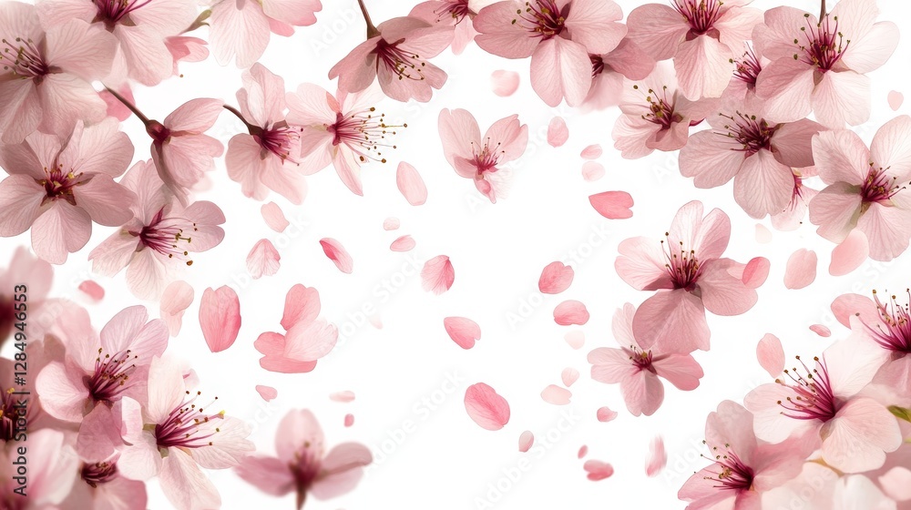 A delicate arrangement of pink cherry blossoms with scattered petals on a white background. A delicate arrangement of pink cherry blossoms with scattered petals on a white background.