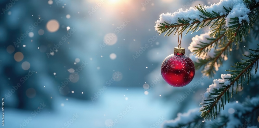 Obraz premium Frosty tree branches with snowflakes and ornaments, decoration, sparkle