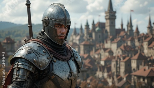 Valiant Medieval knight man medieval city. War armor. Generate Ai