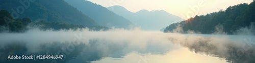 Morning mist of Long Kiye hovering over the lake, dew drops, ripples, lake