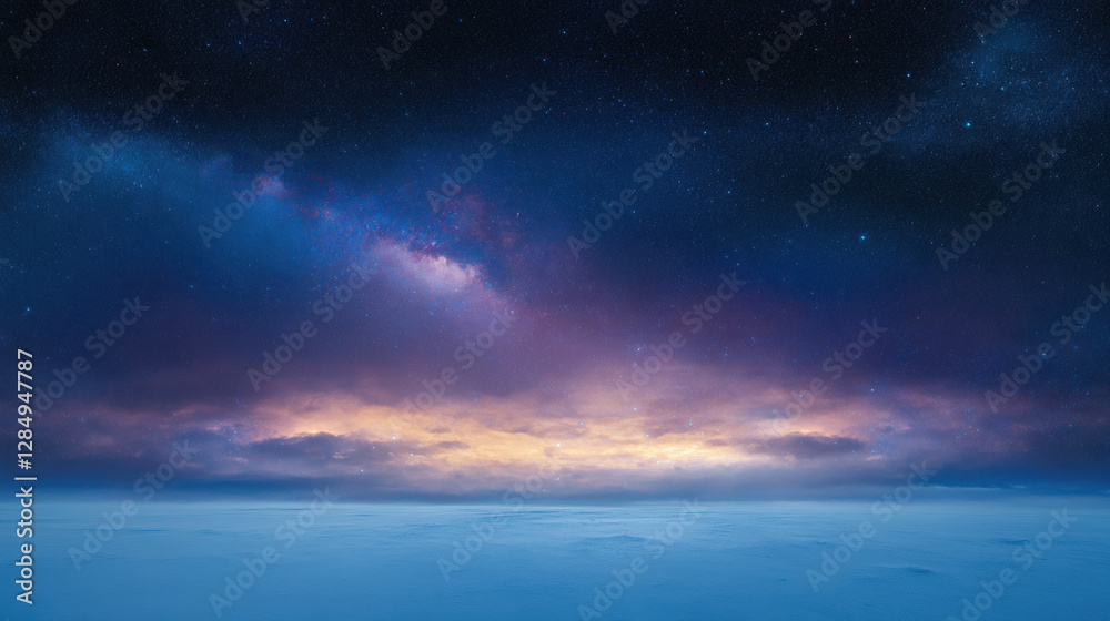 Fototapeta premium night sky brimming with stars above serene, snow covered landscape evokes sense of wonder and tranquility