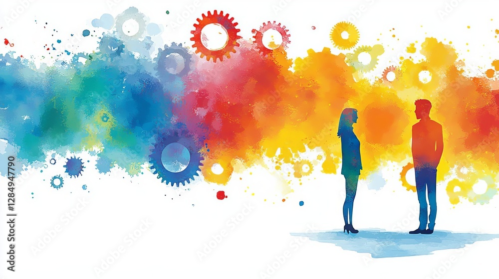 Obraz premium Business Technology Industrial Creativity Innovation brainstorming ideas concept Business technology, digital gears merging with abstract brushstrokes, innovation and industry, Watercolor style