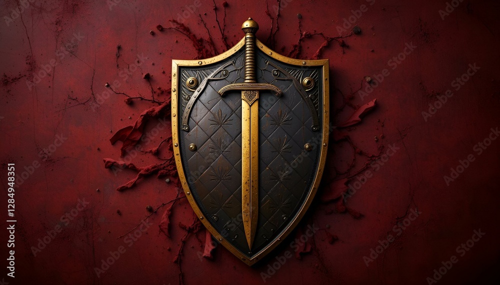 Heraldic shield featuring a golden sword on a red background from a knight's crest