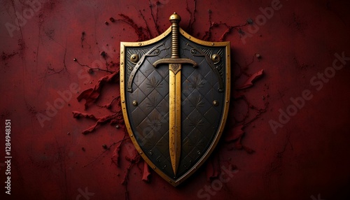 Obraz na płótnie Heraldic shield featuring a golden sword on a red background from a knight's crest w salonie