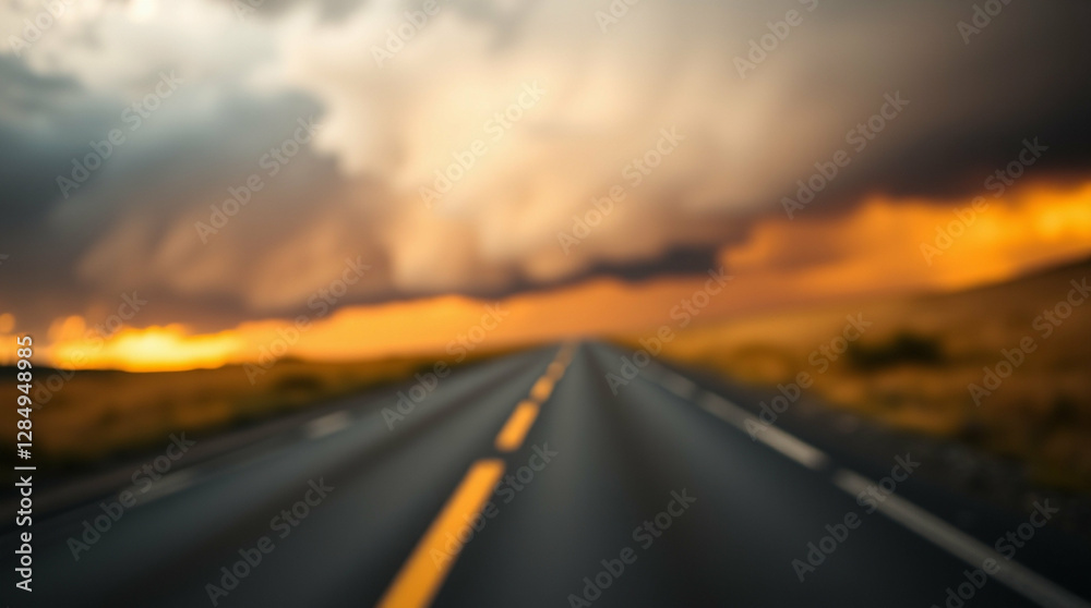 Naklejka premium Distant road under stormy sky, A blurry path to uncertain horizon