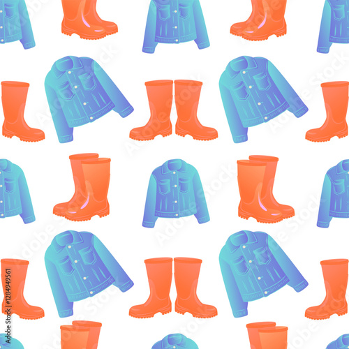 Seamless gardening template orange rubber boots and blue jacket. Seamless gardening tools template on white background.